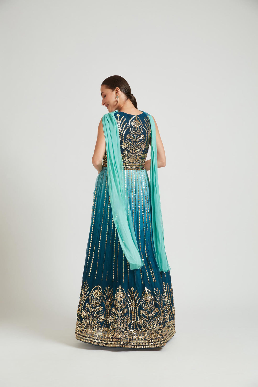 Neerus Green Georgette Embroidered Gown - detail view 4