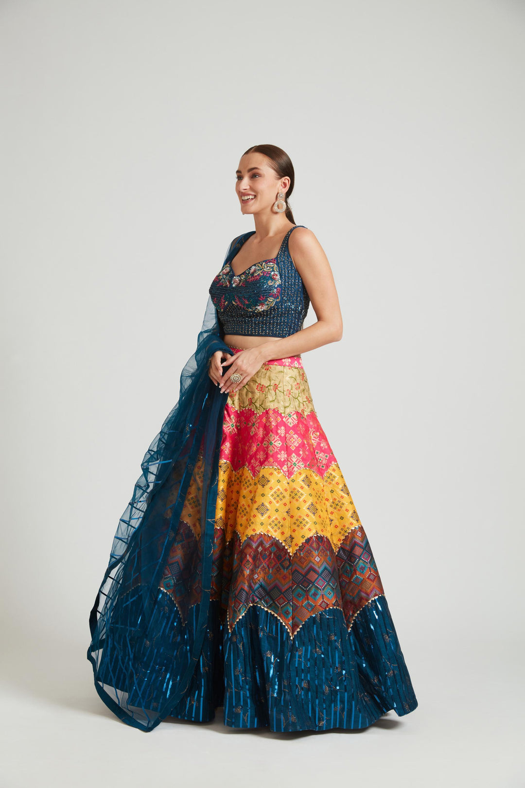 Neerus Multi silk embellished lehenga choli set - front view