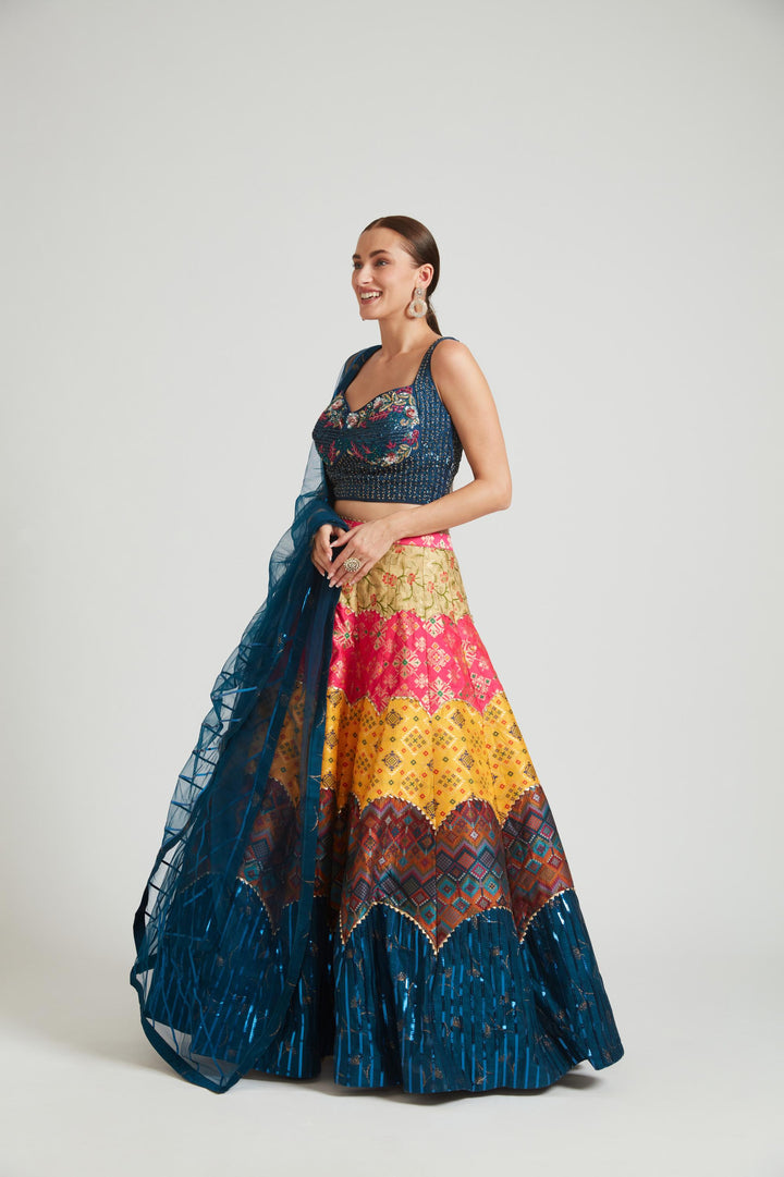 Neerus Multi silk embellished lehenga choli set - front view