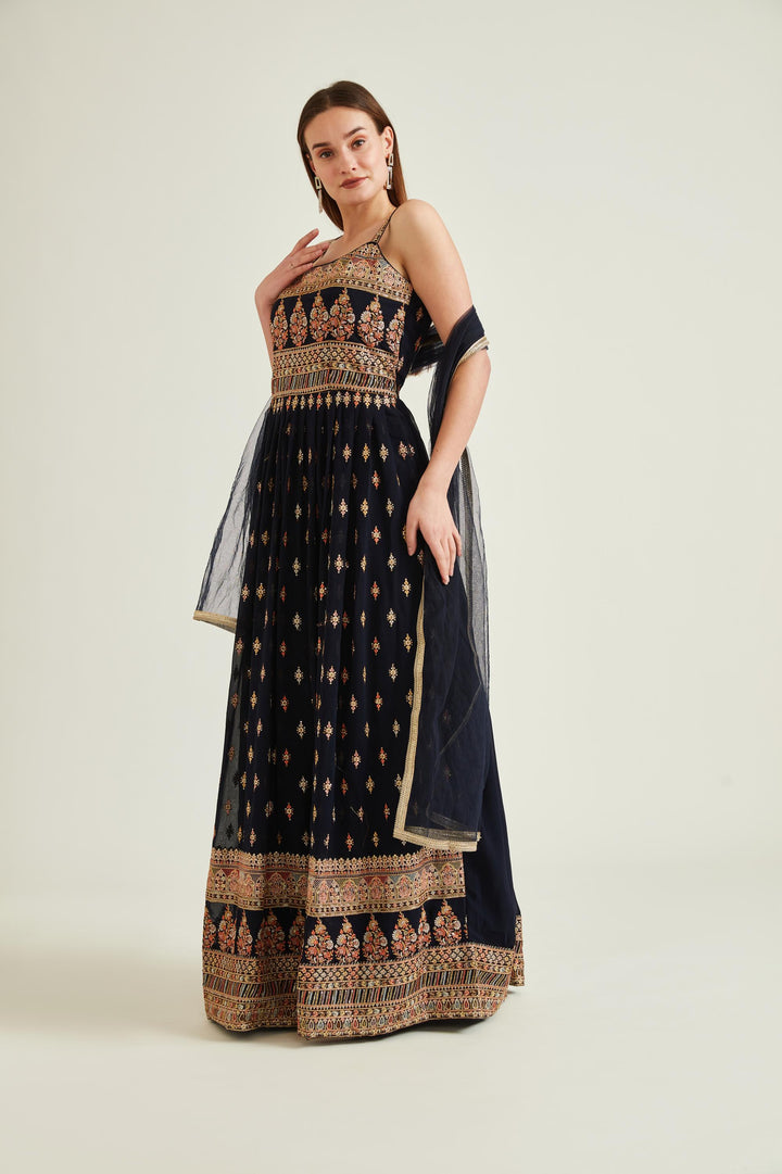 Neerus Blue Georgette Embellished Anarkali Suit Set - front view