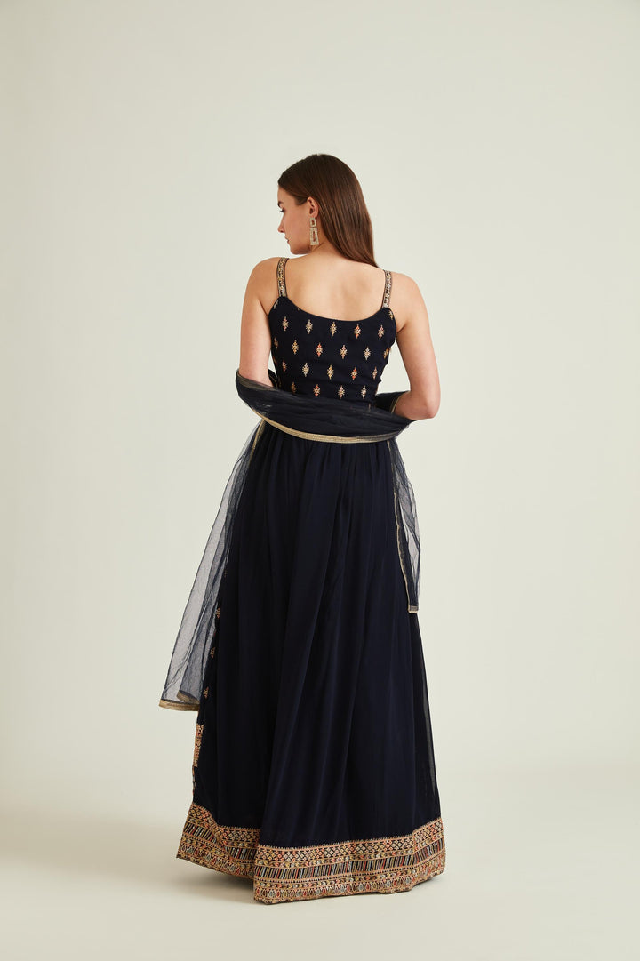 Neerus Blue Georgette Embellished Anarkali Suit Set - back view
