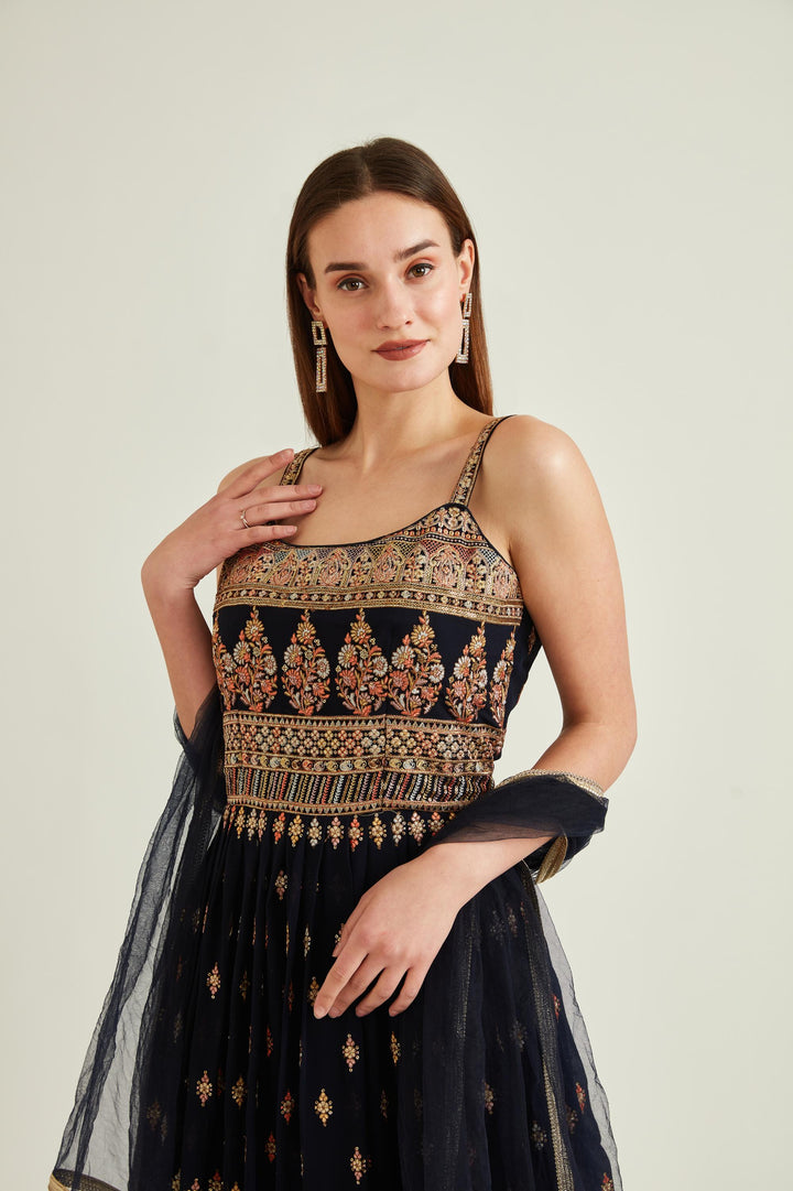 Neerus Blue Georgette Embellished Anarkali Suit Set - side view