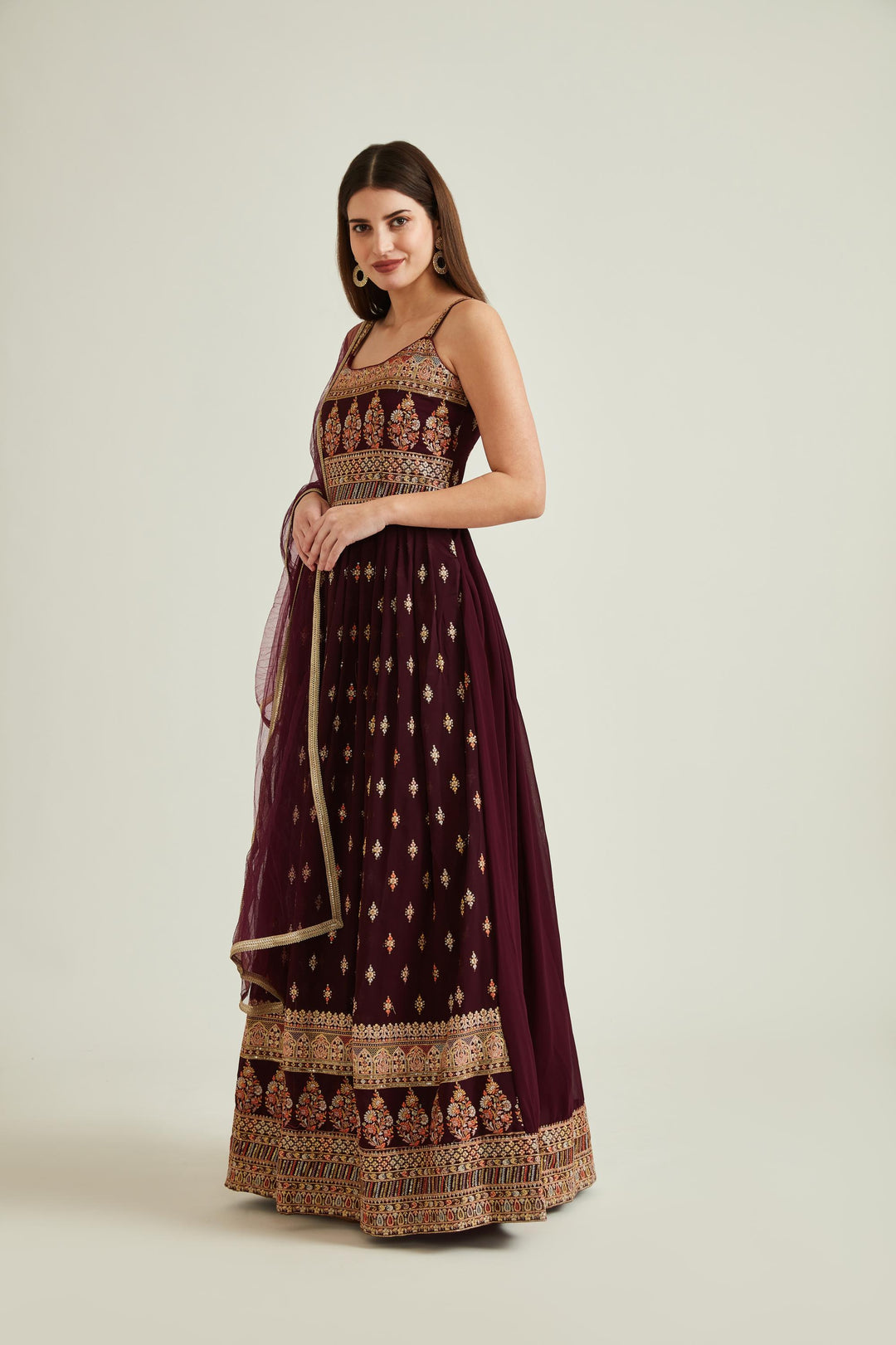 Neerus Wine Colour Georgette Fabric Suit-Anarkali