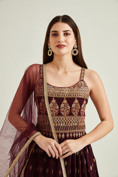 Neeru'S WINE Colour GEORGETTE Fabric SUIT-ANARKALI