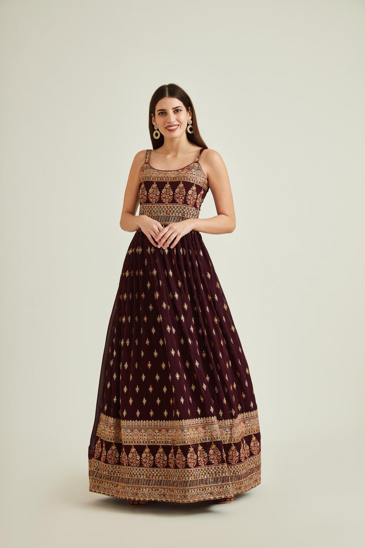 Neerus Wine Colour Georgette Fabric Suit-Anarkali