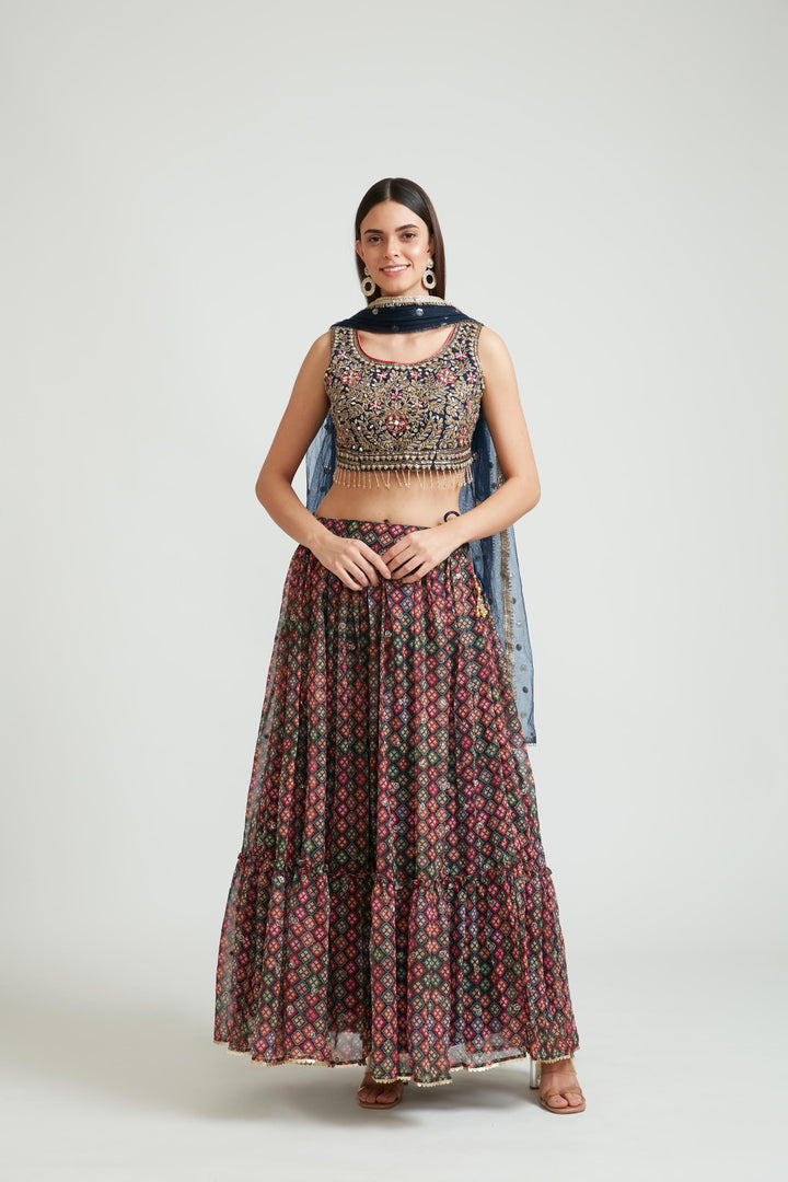 Neerus Blue georgette embellished lehenga choli set - front view