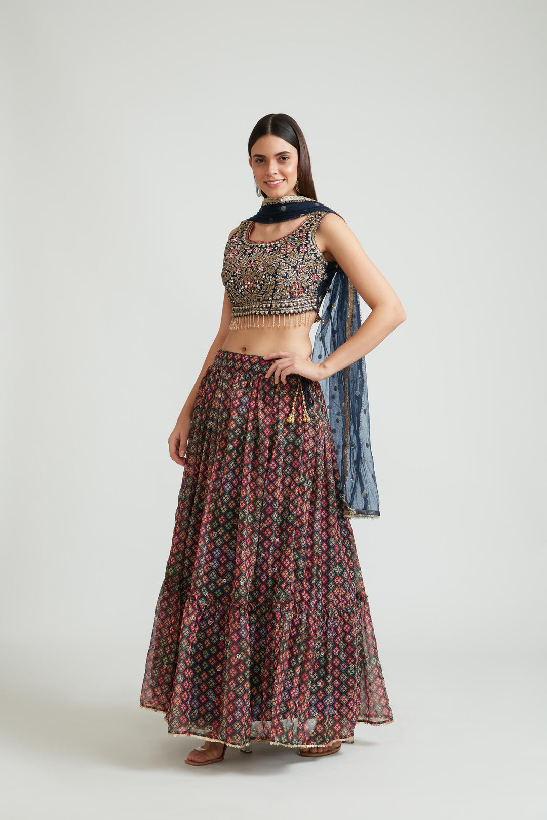 Neerus Blue georgette embellished lehenga choli set - back view