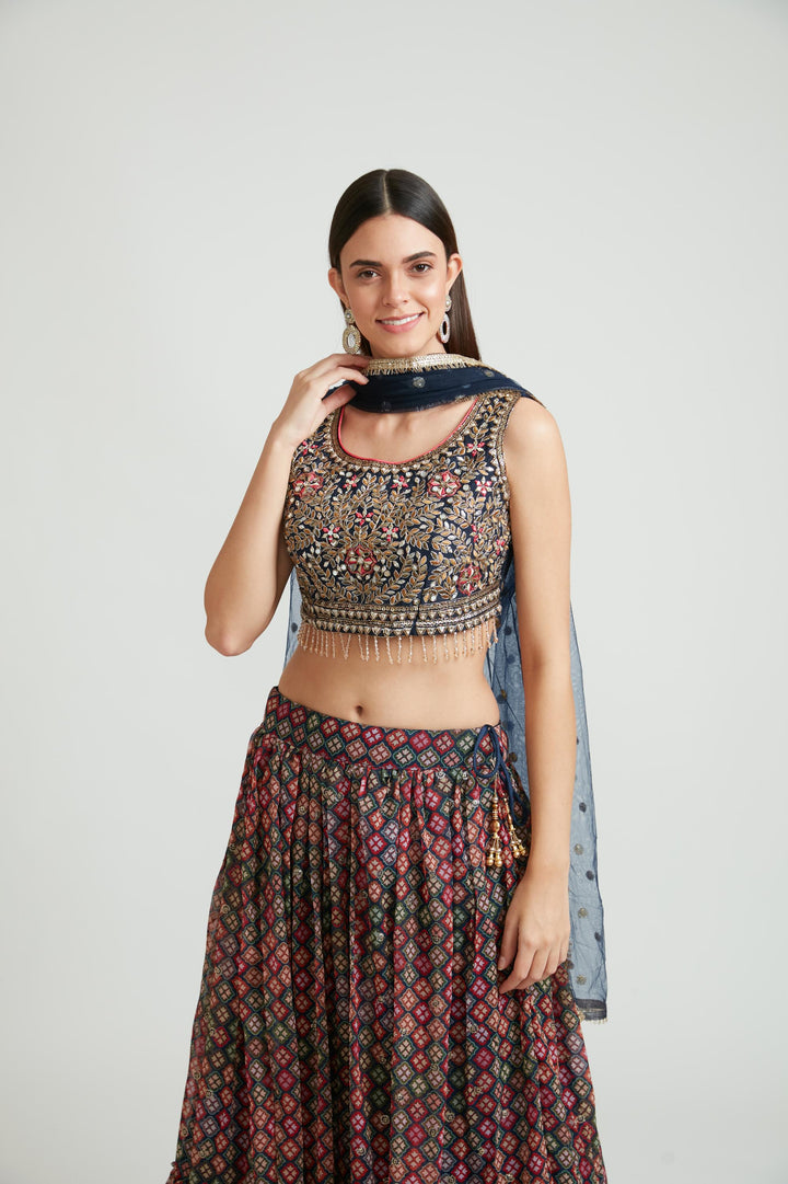 Neerus Blue georgette embellished lehenga choli set - side view