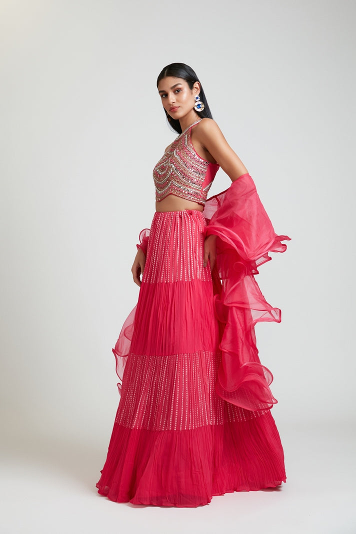 Neerus Pink Georgette Embellished Lehenga Set - front view