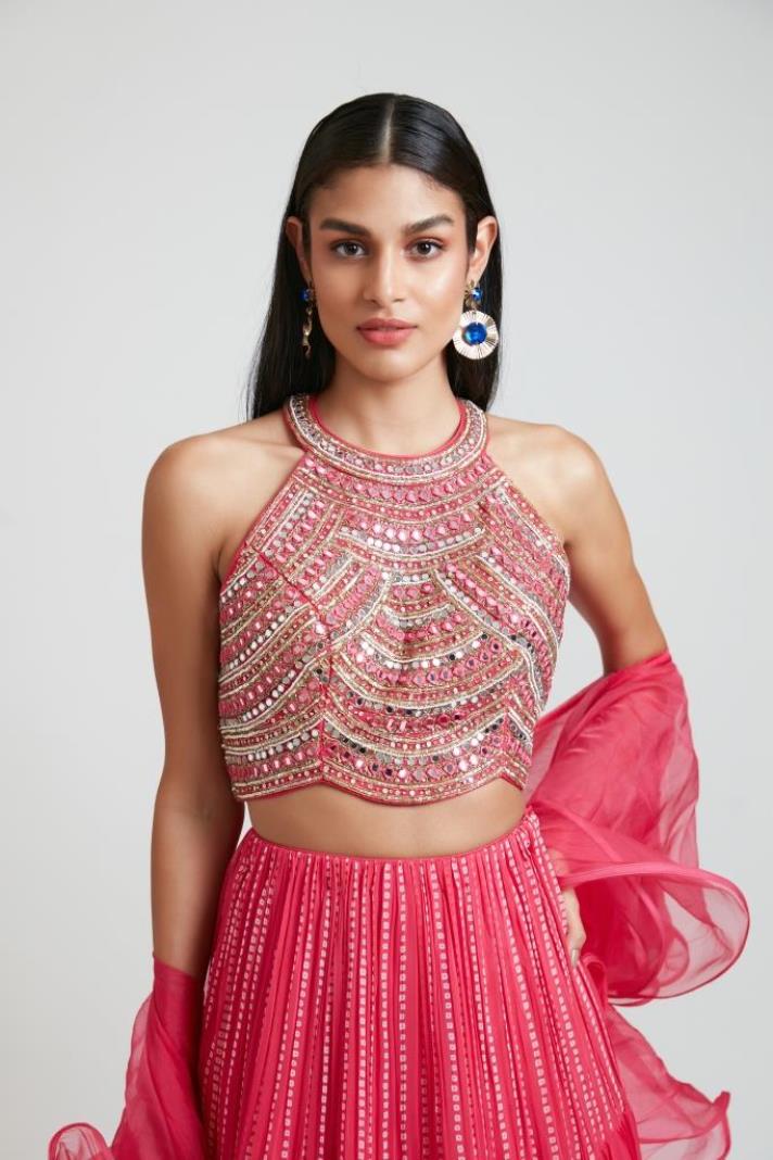 Neerus Pink Georgette Embellished Lehenga Set - side view