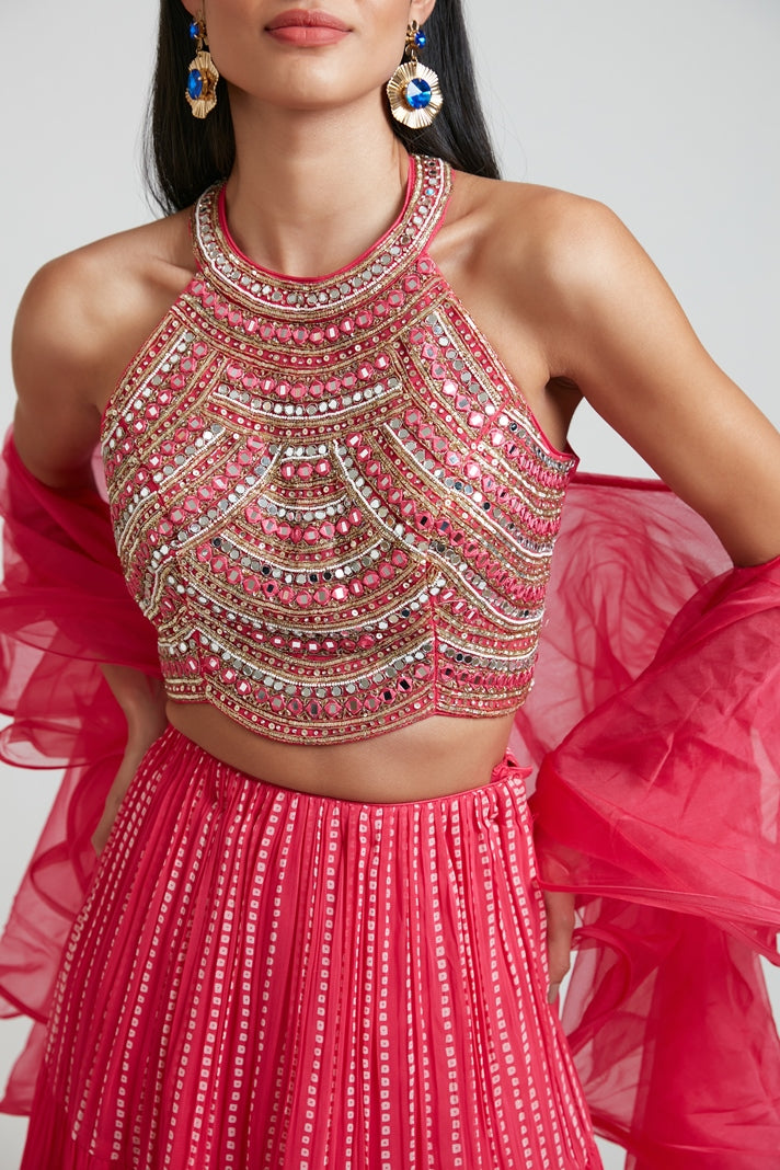 Neerus Pink Georgette Embellished Lehenga Set - back view