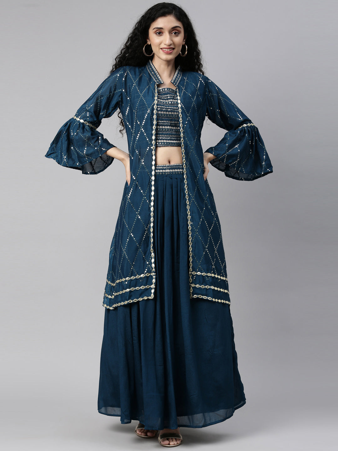 Neerus Blue georgette embellished suit set - front view