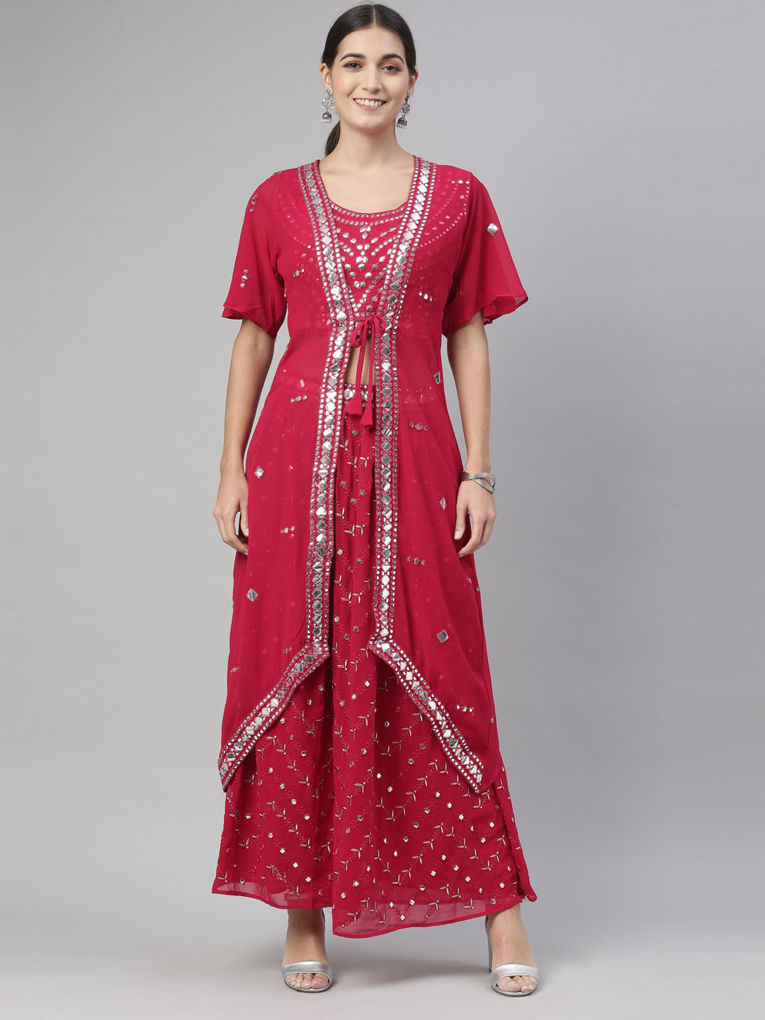 Neerus Maroon Color Georgette Fabric Suit Set