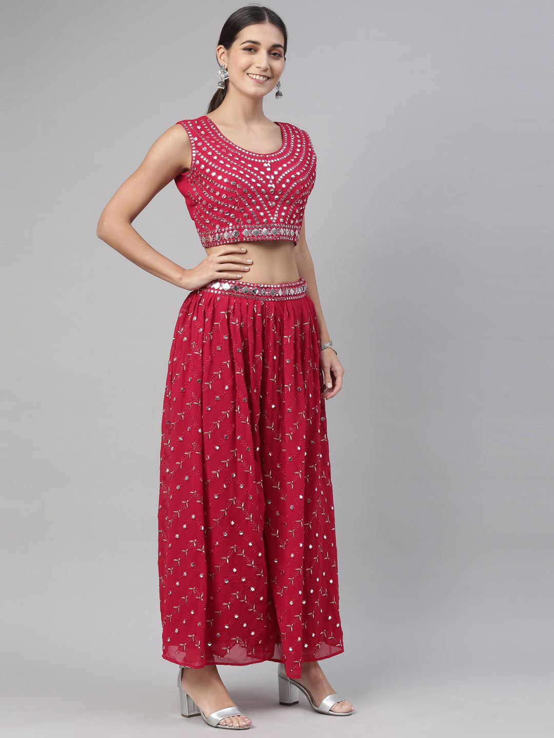 Neerus Maroon Color Georgette Fabric Suit Set