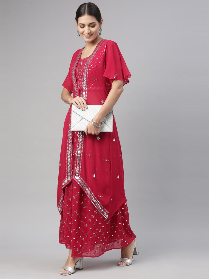 Neerus Maroon Color Georgette Fabric Suit Set
