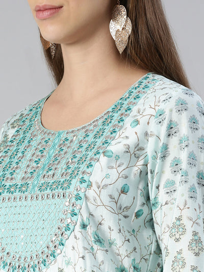 Neerus Women  Sea Green Yoke Design Calf Length Kurta And Trousers With Dupatta