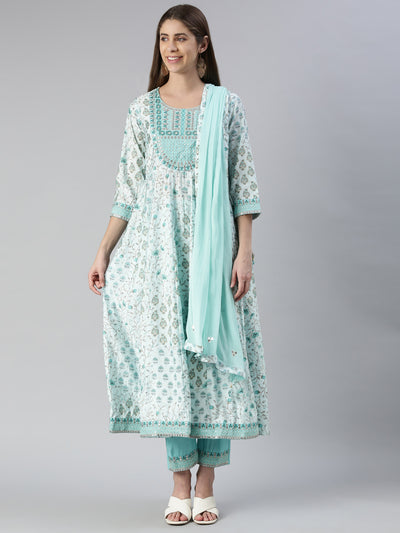 Neerus Women  Sea Green Yoke Design Calf Length Kurta And Trousers With Dupatta