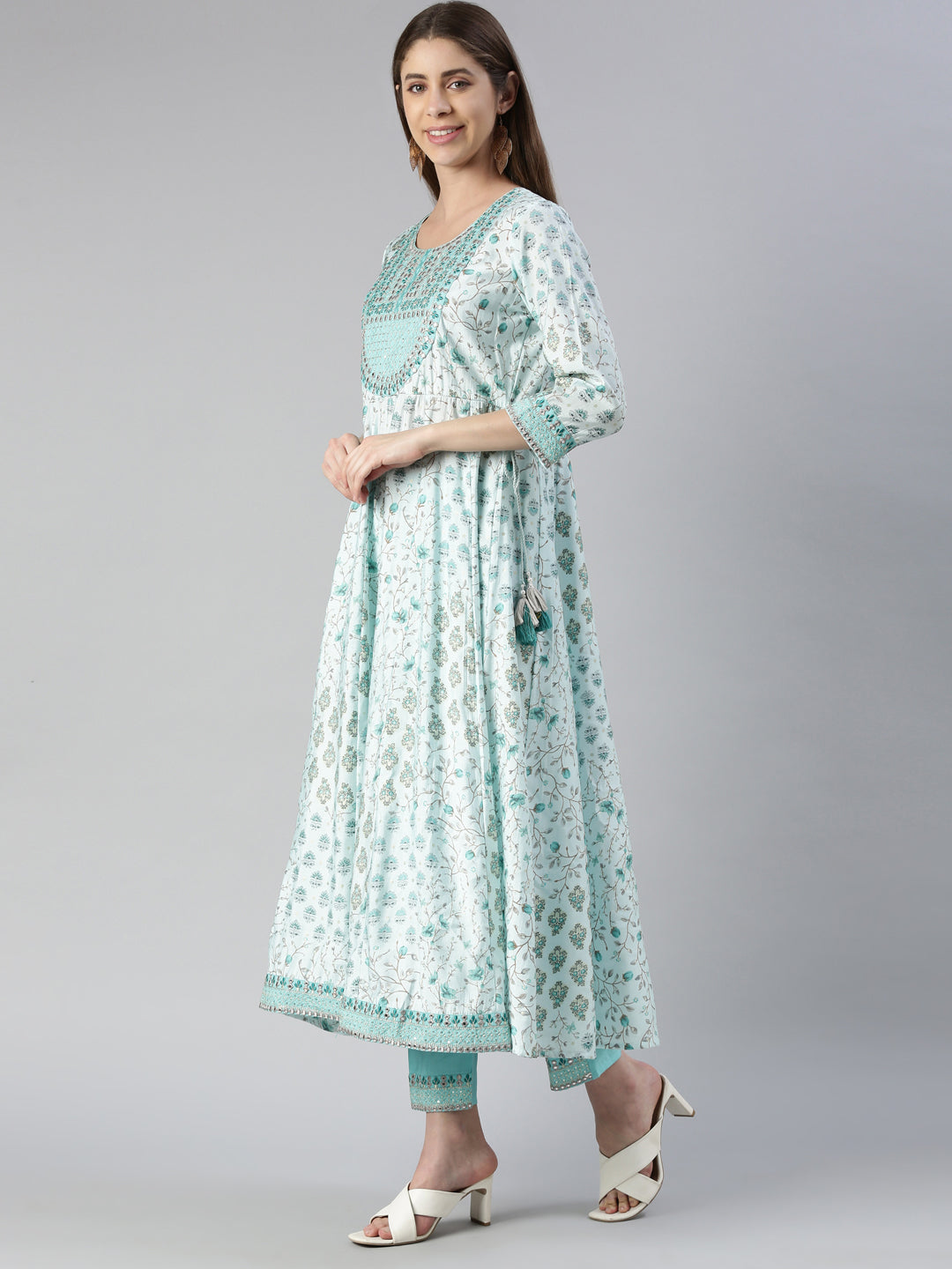 Neerus Women  Sea Green Yoke Design Calf Length Kurta And Trousers With Dupatta