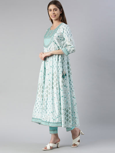Neerus Women  Sea Green Yoke Design Calf Length Kurta And Trousers With Dupatta