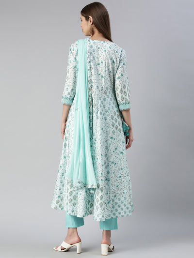 Neerus Women  Sea Green Yoke Design Calf Length Kurta And Trousers With Dupatta