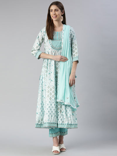 Neerus Women  Sea Green Yoke Design Calf Length Kurta And Trousers With Dupatta