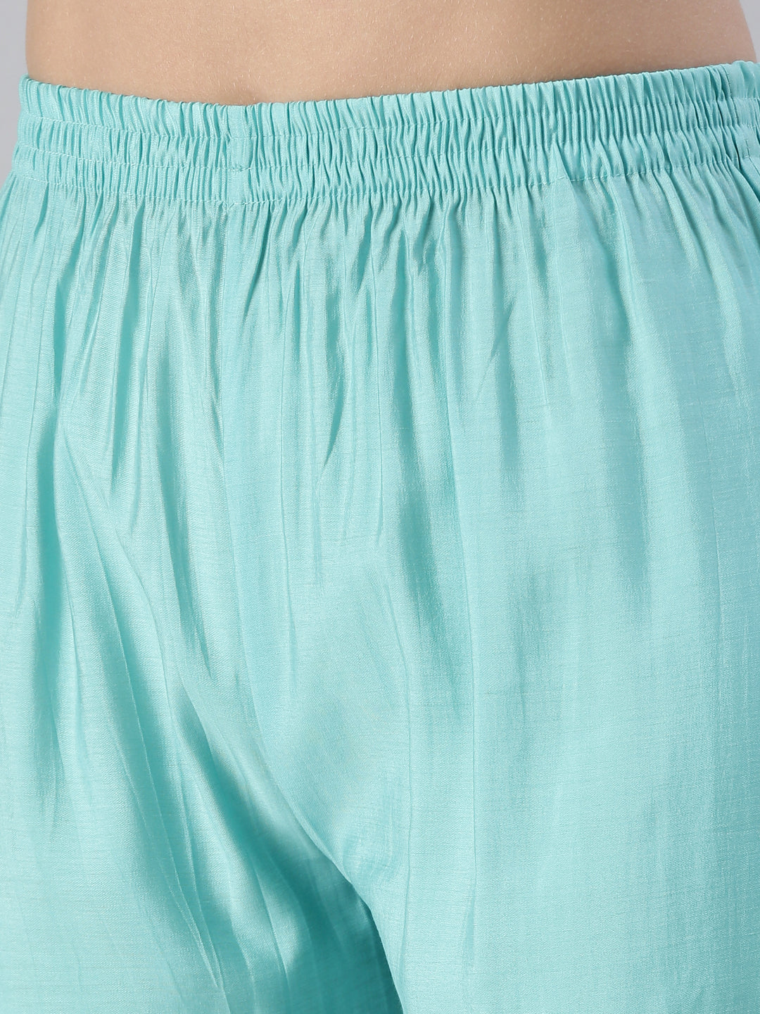Neerus Women  Sea Green Yoke Design Calf Length Kurta And Trousers With Dupatta