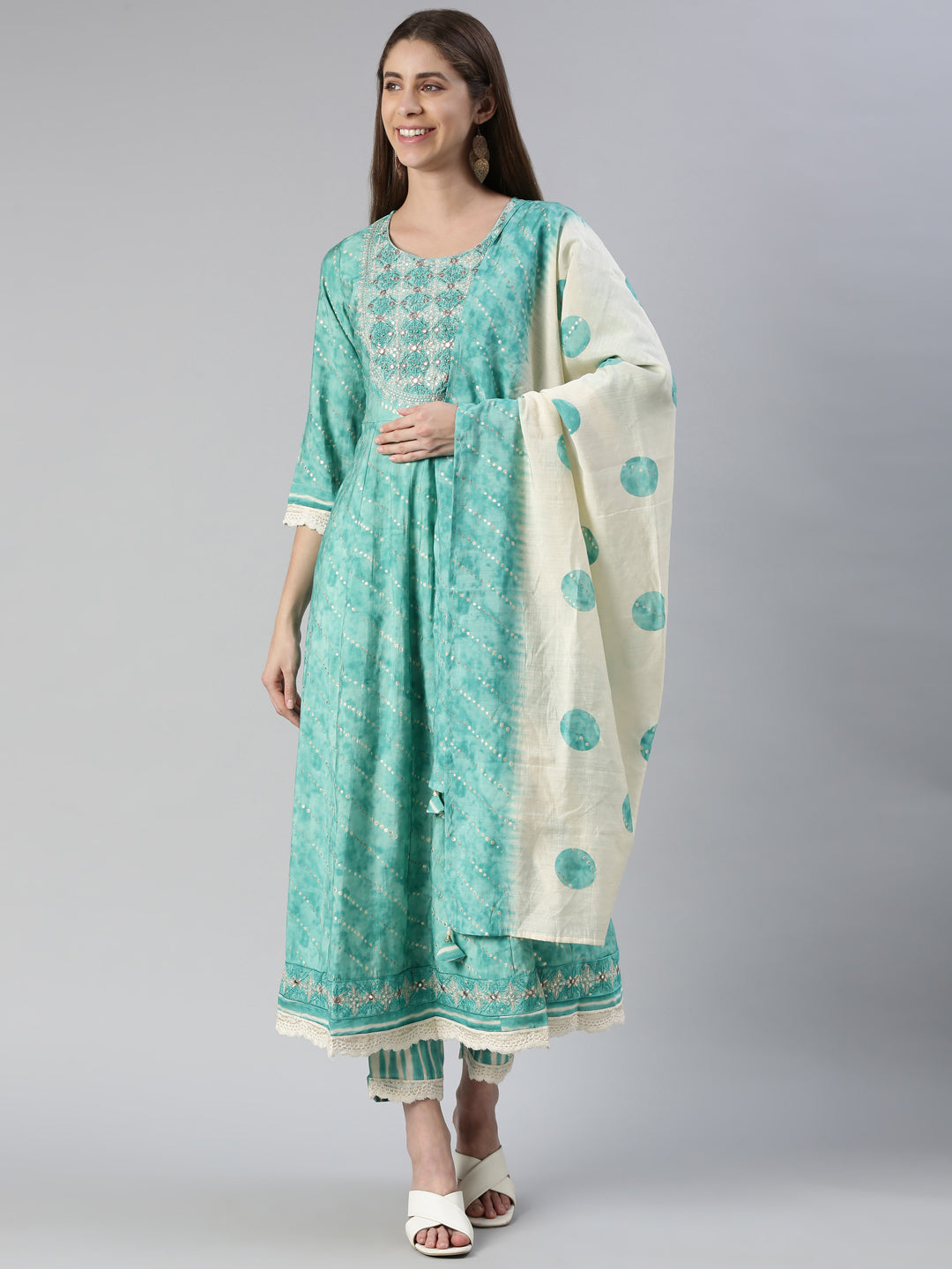 Neerus Women Sky Blue Yoke Design Calf Length Kurta And Trousers With Dupatta