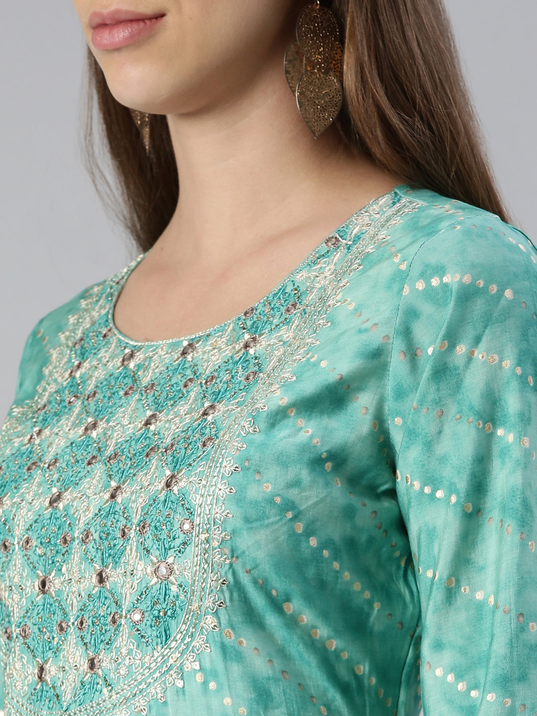 Neerus Women Sky Blue Yoke Design Calf Length Kurta And Trousers With Dupatta