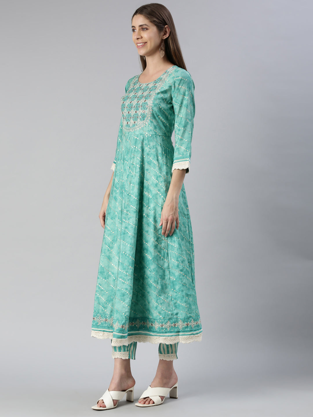 Neerus Women Sky Blue Yoke Design Calf Length Kurta And Trousers With Dupatta