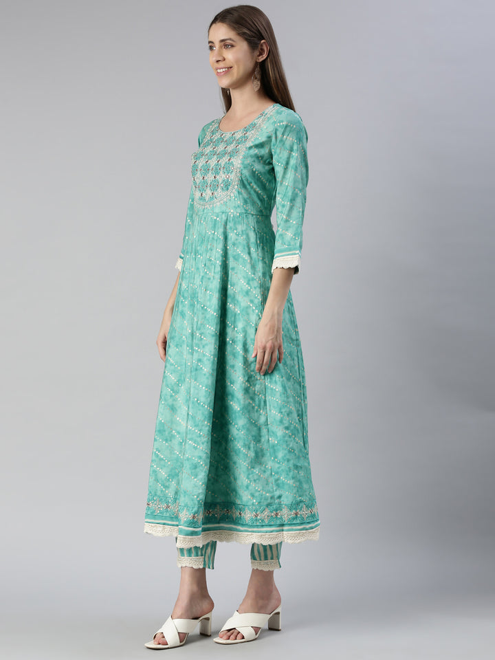 Neerus Women Sky Blue Yoke Design Calf Length Kurta And Trousers With Dupatta
