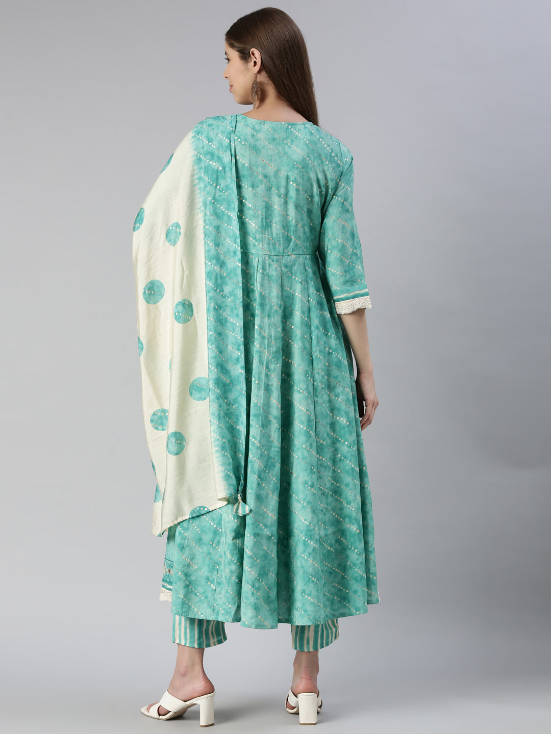 Neerus Women Sky Blue Yoke Design Calf Length Kurta And Trousers With Dupatta