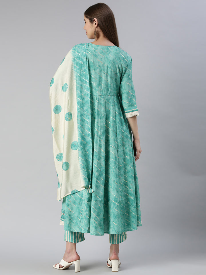 Neerus Women Sky Blue Yoke Design Calf Length Kurta And Trousers With Dupatta