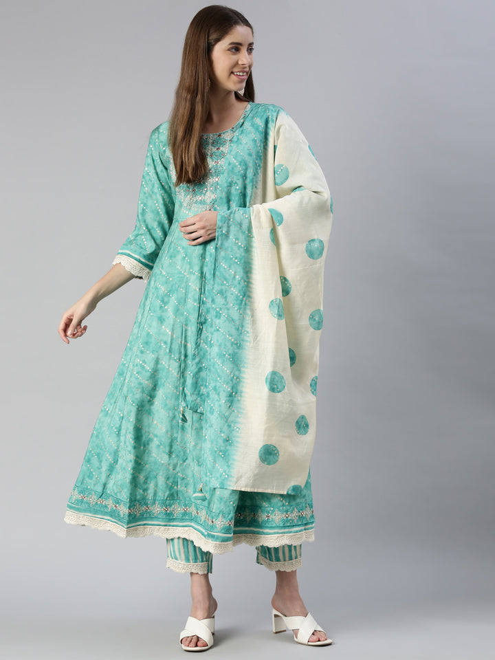 Neerus Women Sky Blue Yoke Design Calf Length Kurta And Trousers With Dupatta