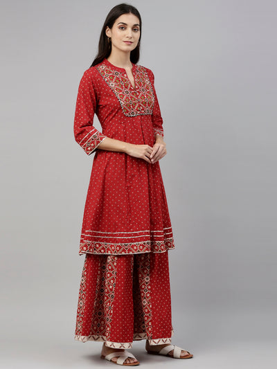 Neeru's Maroon Color Cotton Fabric Suit-Short Anarkali