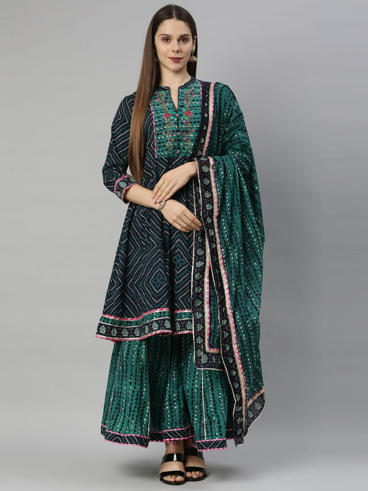 Neerus Blue cotton printed kurta set - front view