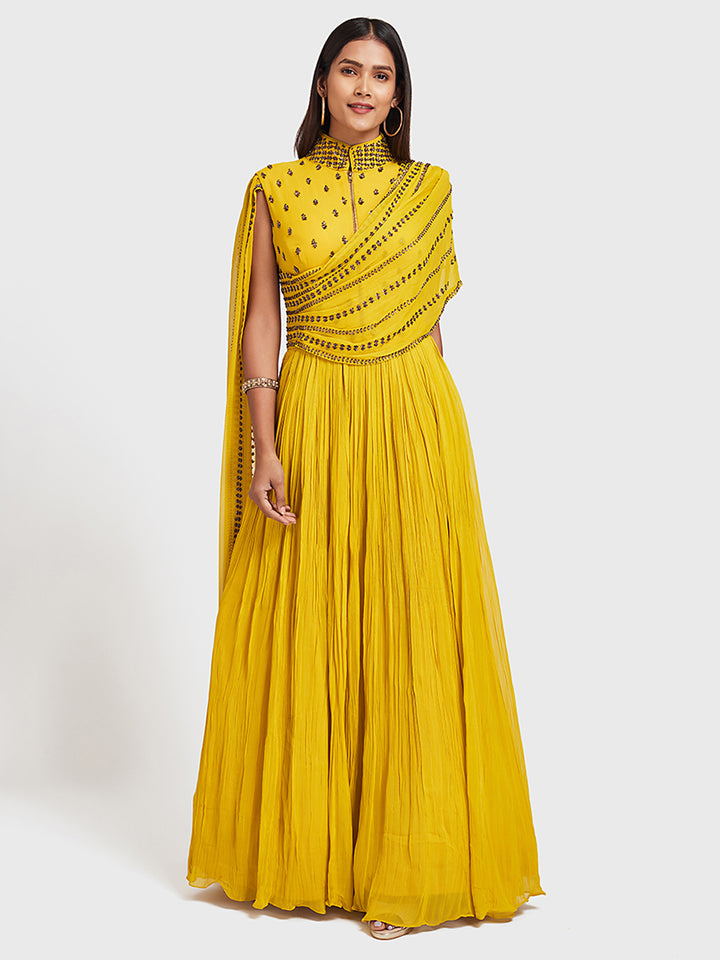 Neerus Yellow Color Georgette Fabric Gown