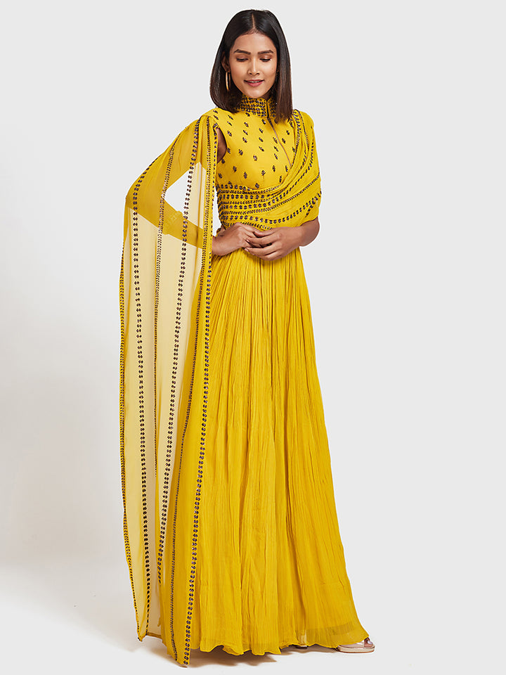 Neerus Yellow Color Georgette Fabric Gown