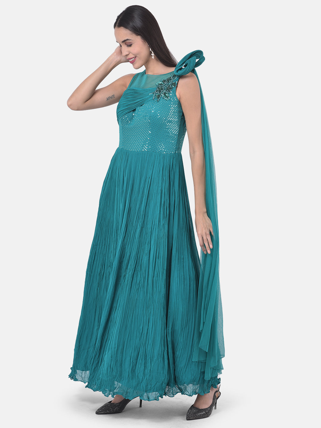 Neerus Green georgette solid gown - front view