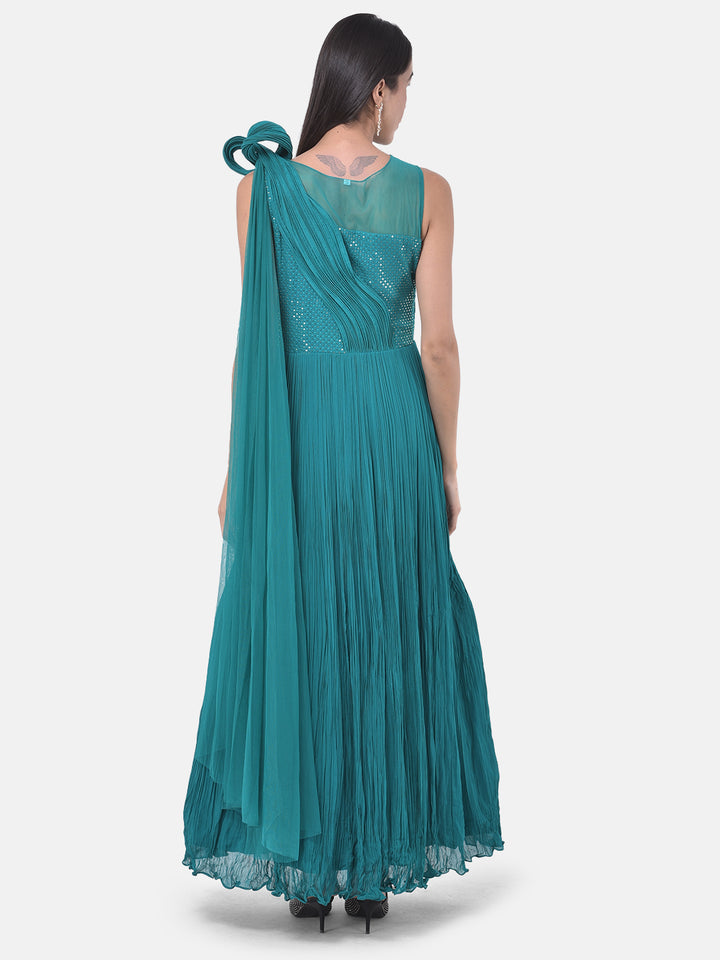 Neerus Green georgette solid gown - side view
