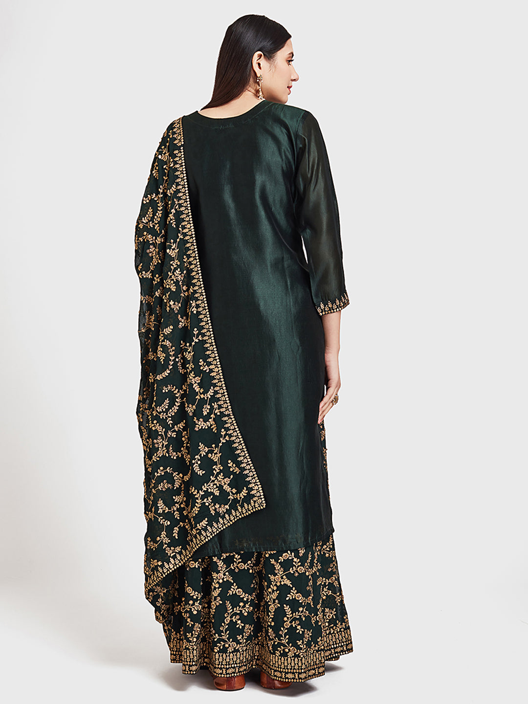 Neerus Green embellished zari kurta set with skirt and dupatta - back view
