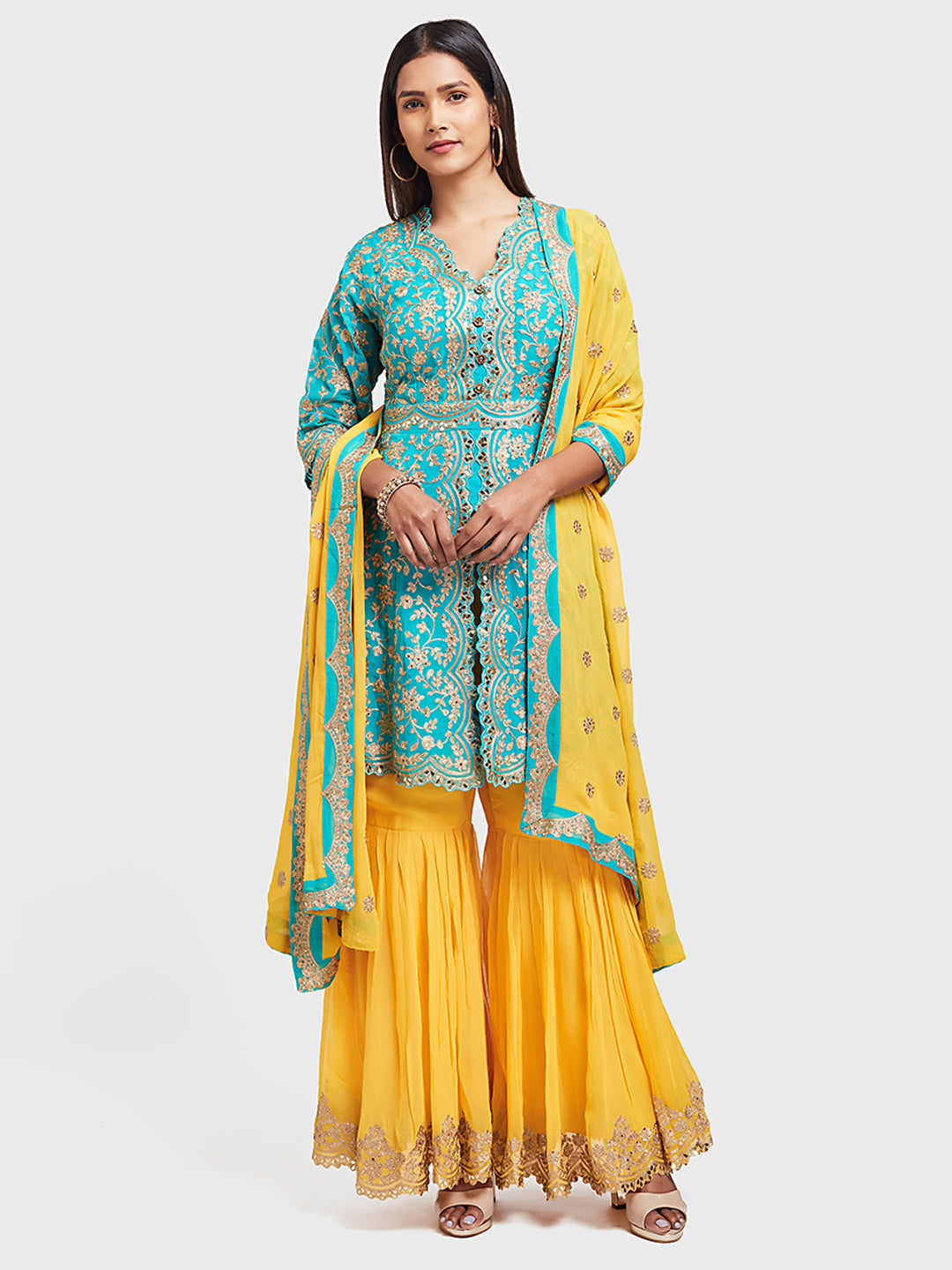Neerus Blue & Yellow Zari Kurta With Palazzo & Dupatta