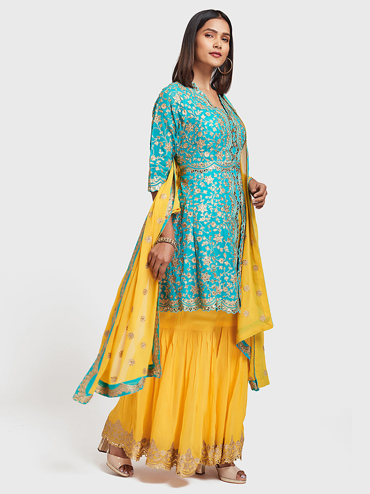 Neerus Blue & Yellow Zari Kurta With Palazzo & Dupatta