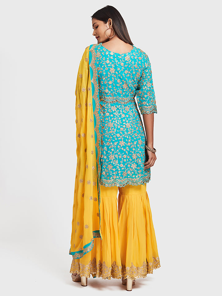 Neerus Blue & Yellow Zari Kurta With Palazzo & Dupatta
