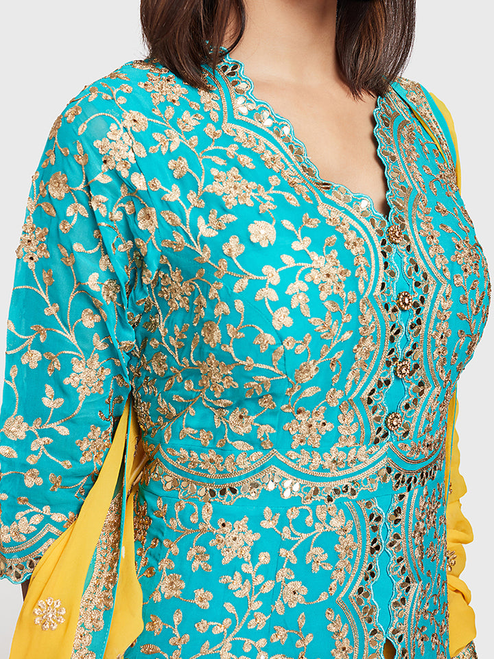 Neerus Blue & Yellow Zari Kurta With Palazzo & Dupatta