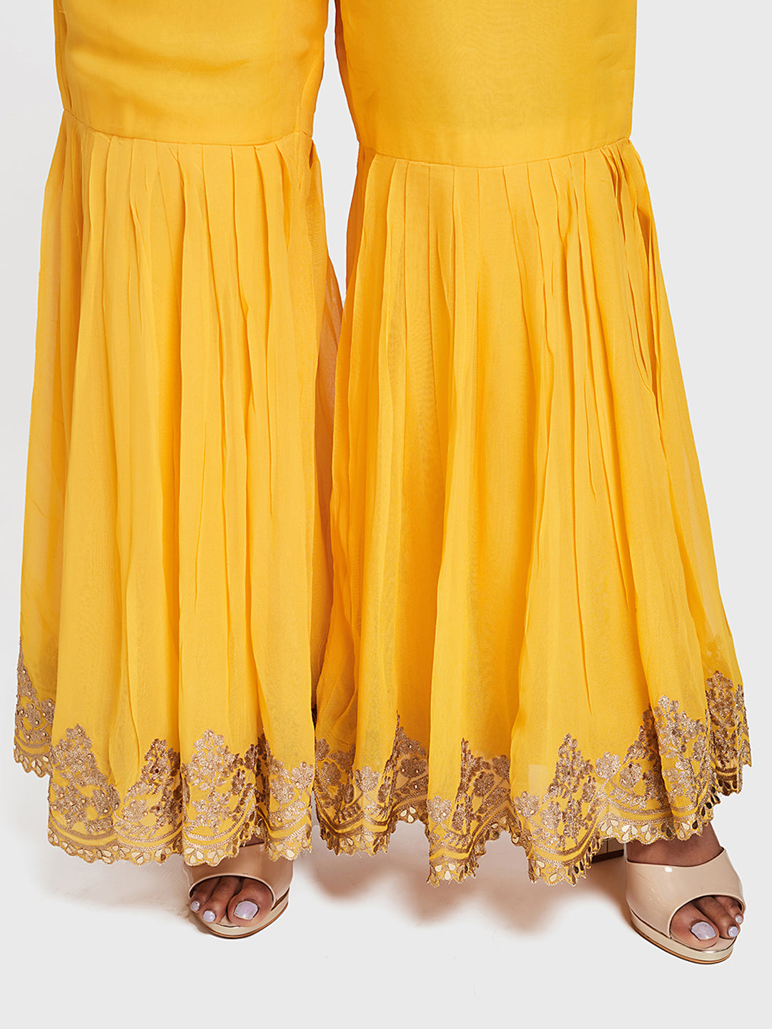 Neerus Blue & Yellow Zari Kurta With Palazzo & Dupatta