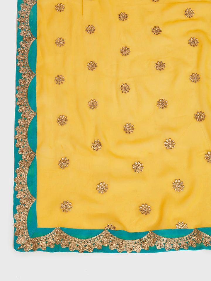 Neerus Blue & Yellow Zari Kurta With Palazzo & Dupatta