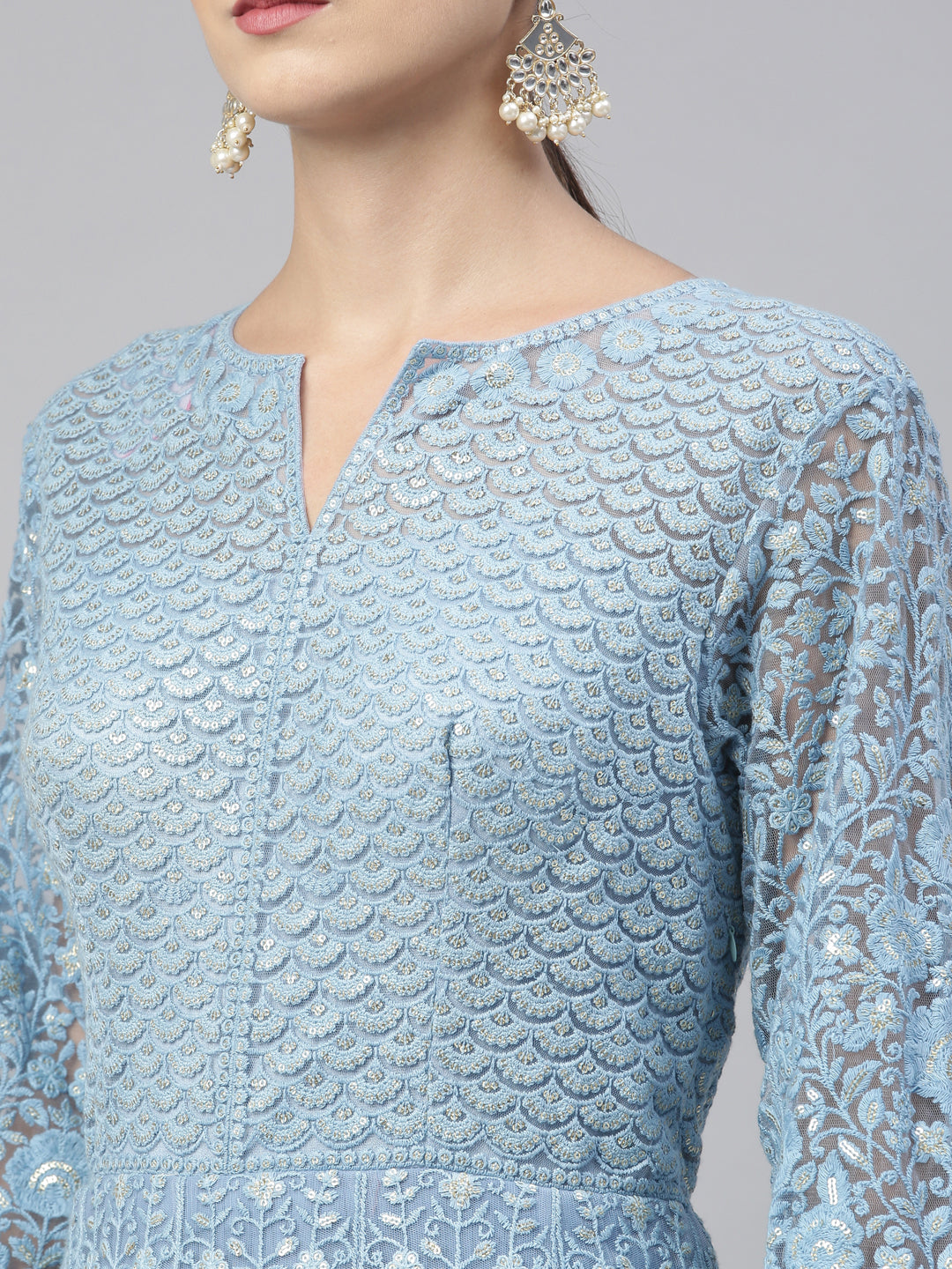 Neerus Blue Color Nett Fabric Gown