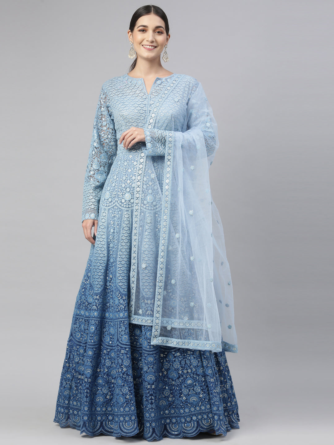Neerus Blue Color Nett Fabric Gown