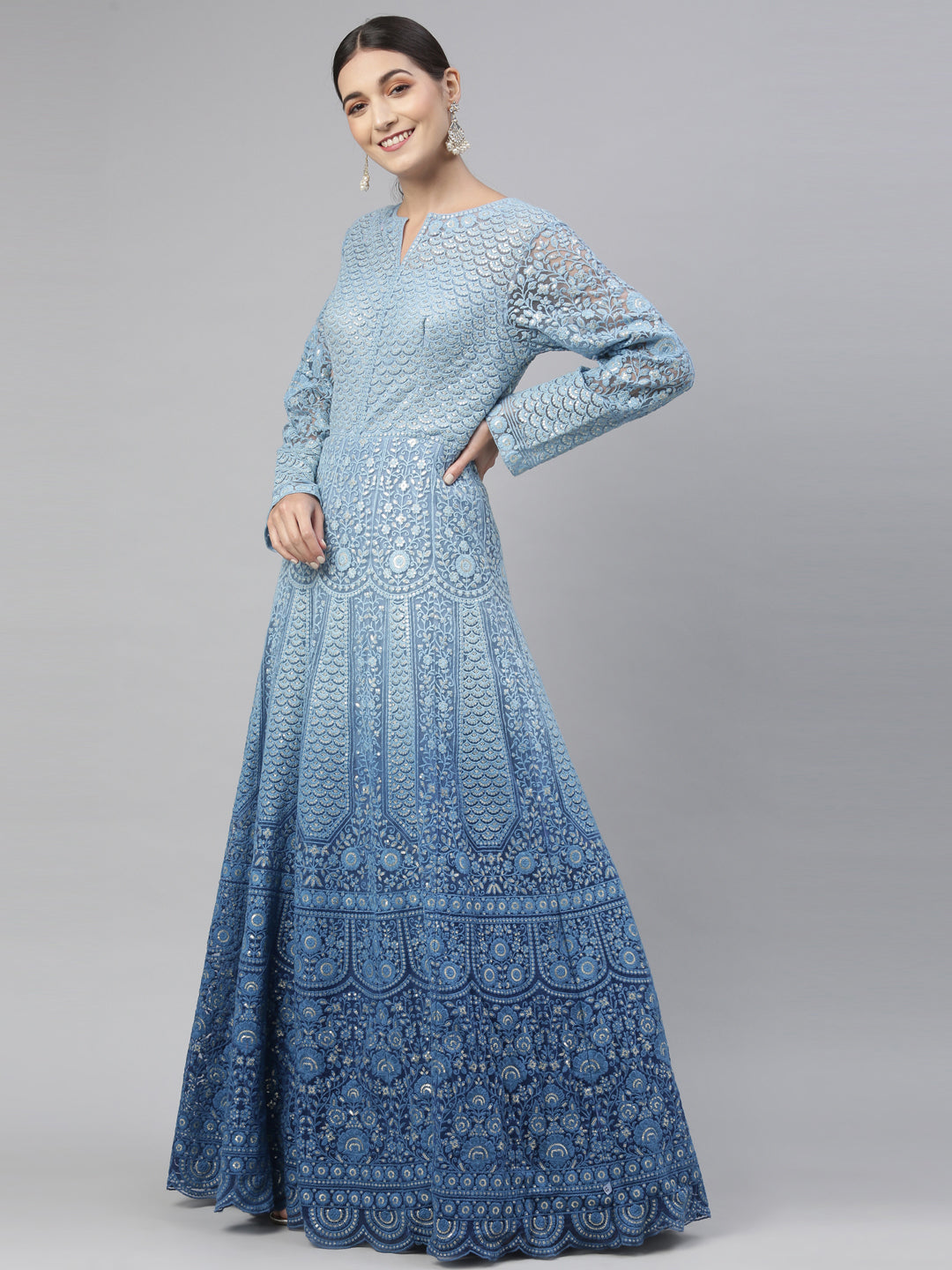 Neerus Blue Color Nett Fabric Gown