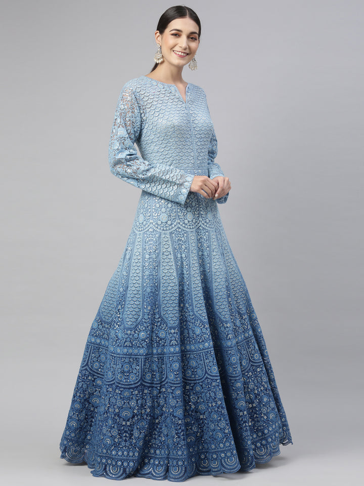 Neerus Blue Color Nett Fabric Gown